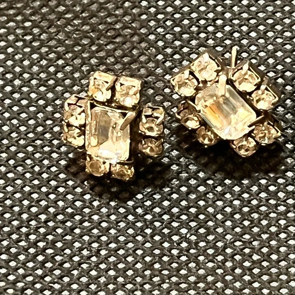 Vintage Clear Crystal Emerald Cut Rhinestone Pierced Stud Earrings MCM Retro